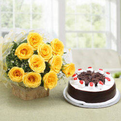 combo cake and flower yellow rose