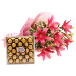 Ferrero Rocher chocolates with 6 Pink Asiatic Lilies