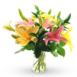 4 mix color Asiatic lilies in a glass vase