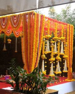 marigold Mala flower decorations, genda flower Mala Decoration, Marigold Genda Ladi Chain Decoration