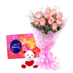 pink roses with Teddy Bear Cadburys Celebration