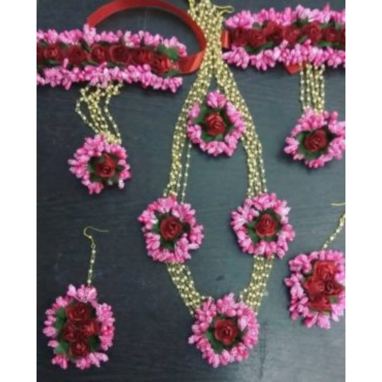 Details about   Red,Pink Color Flower Jewelry For haldi,Mehendi Wedding Ceremony Jewellry 