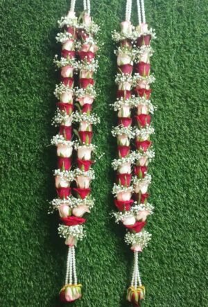 Pink Red Rose Varmala With Gypsum